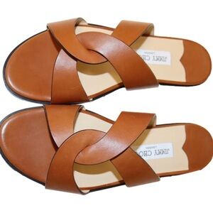 Jimmy Choo Itia Cognac Leather Crisscross Slide Sandals